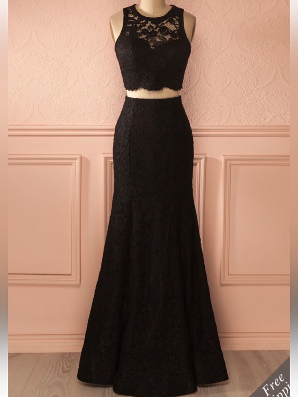 Bariano Australia Black Lace Two-Piece Crop Top and Maxi Skirt Set